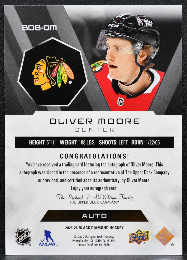 2025-26 UD Black Diamond Base Auto Oliver Moore Blackhawks RC Auto 52/99 2447