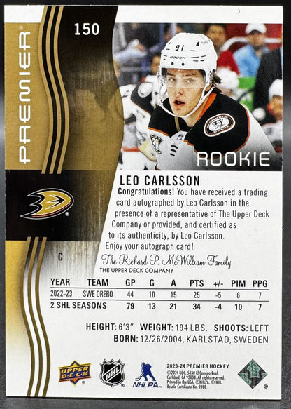2023-24 UD Premier Auto Rookie Leo Carlsson 150 Anaheim Ducks RC Auto 10/35