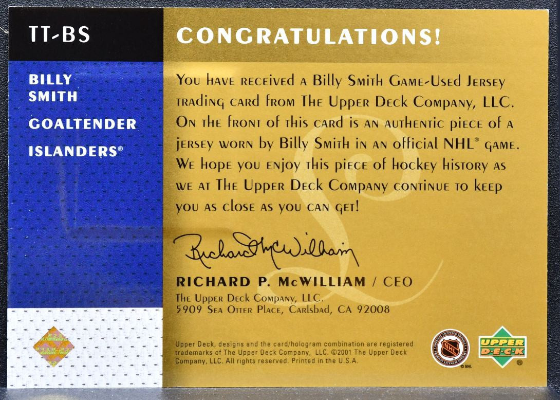 2001-02 UD Legends Timeless Tributes Billy Smith TT-BS Islanders Jersey 0680