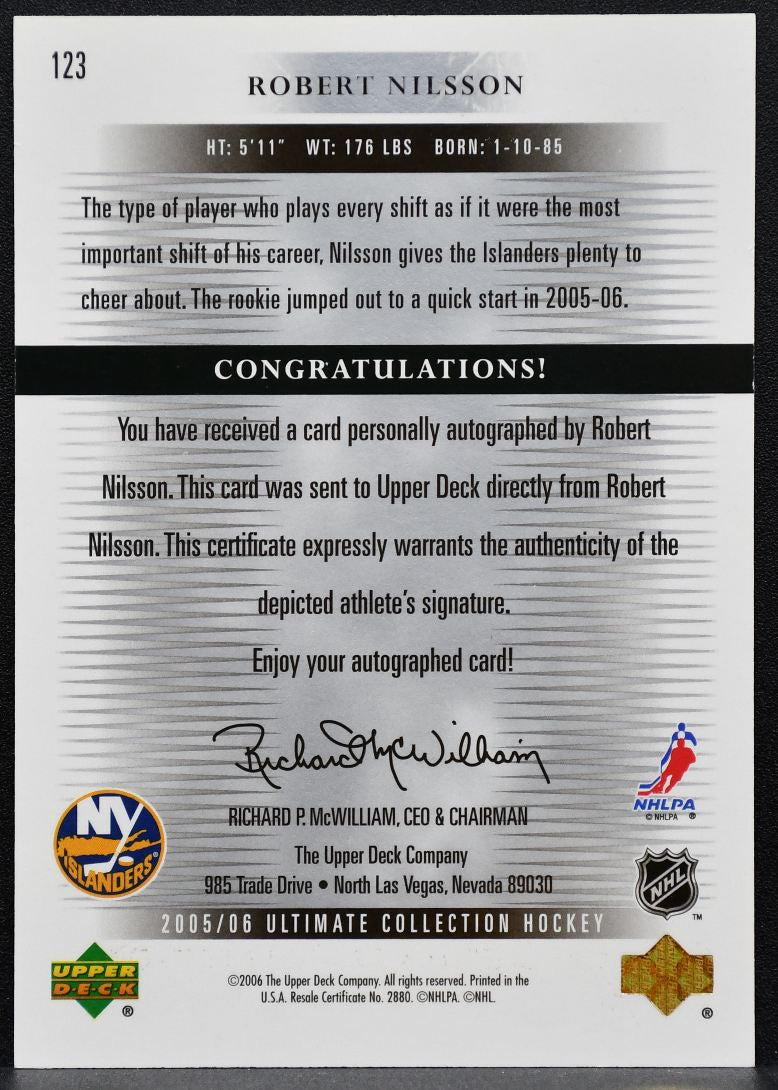 2005-06 UD Ultimate Collection Rookies Auto Nilsson Islanders RC Auto 2133