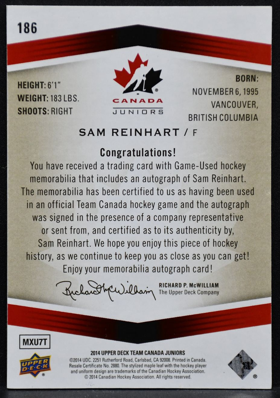 2014-15 UD Team Canada Juniors Patch Autographs Sam Reinhart 186 030/125
