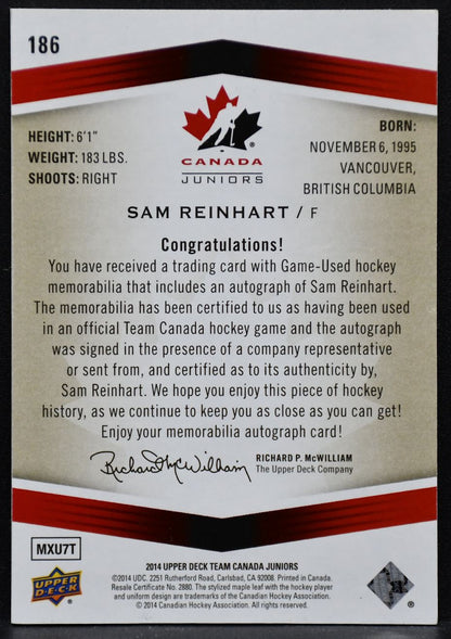 2014-15 UD Team Canada Juniors Patch Autographs Sam Reinhart 186 030/125