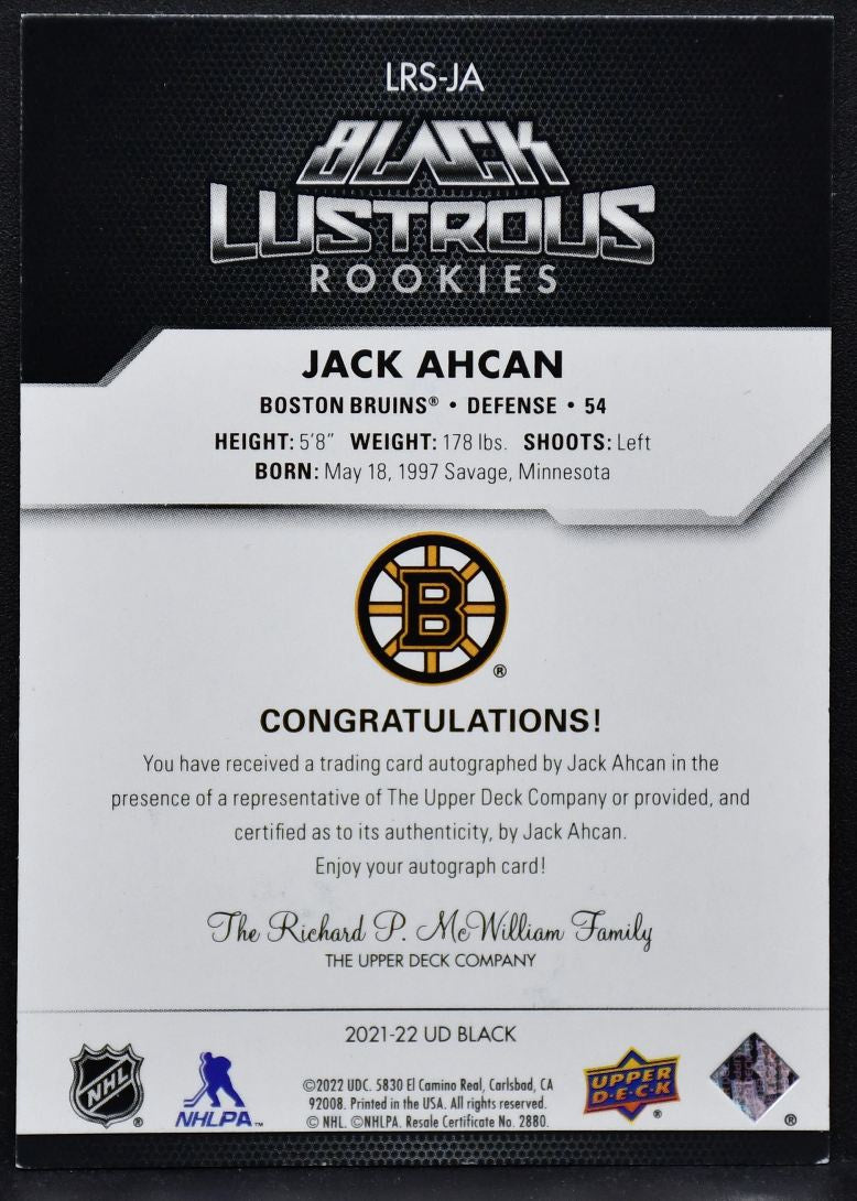 2021-22 UD Black Lustrous Rookie Jack Ahcan LRS-JA Boston Bruins RC Auto 205/299 4924