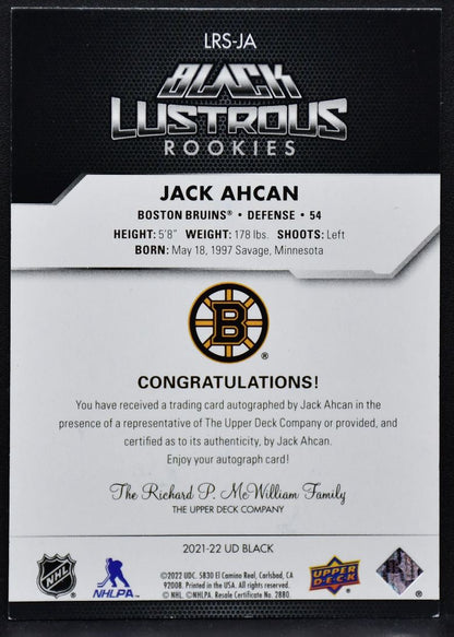 2021-22 UD Black Lustrous Rookie Jack Ahcan LRS-JA Boston Bruins RC Auto 205/299 4924