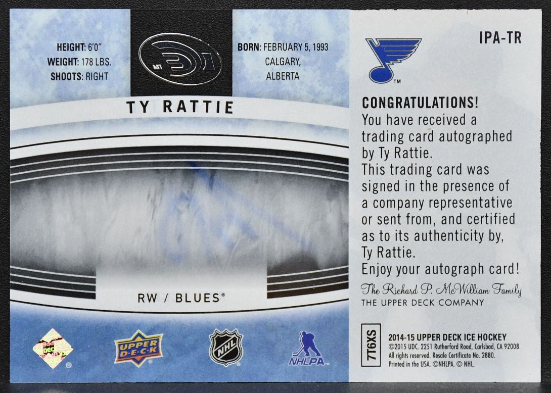 2014-15 Upper Deck Ice Premieres Autographs Ty Rattie IPA-TR Blues RC Auto 8539