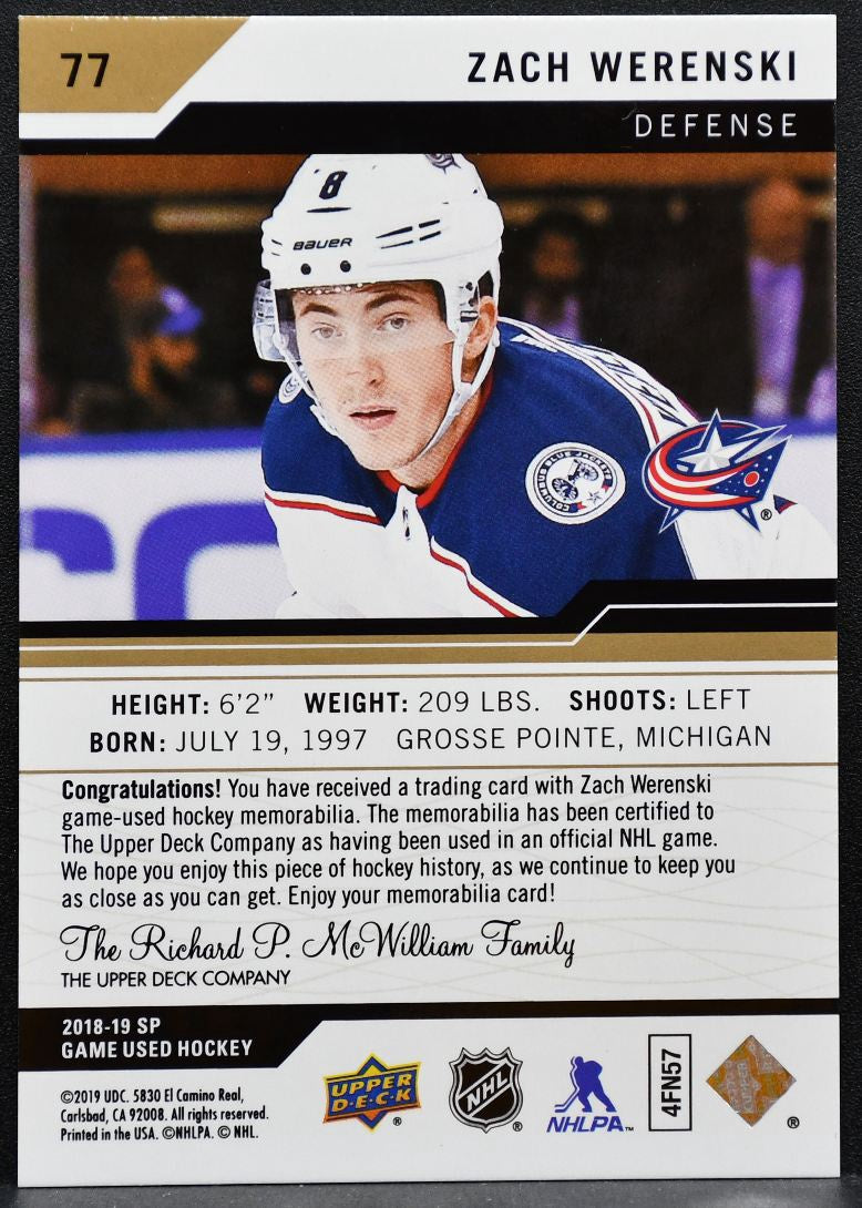 2018-19 SP Game Used Jersey Zach Werenski 77 Columbus Blue Jackets Jersey 2646