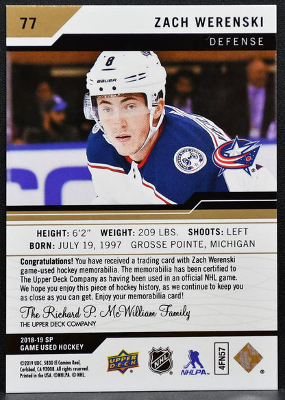 2018-19 SP Game Used Jersey Zach Werenski 77 Columbus Blue Jackets Jersey 2646