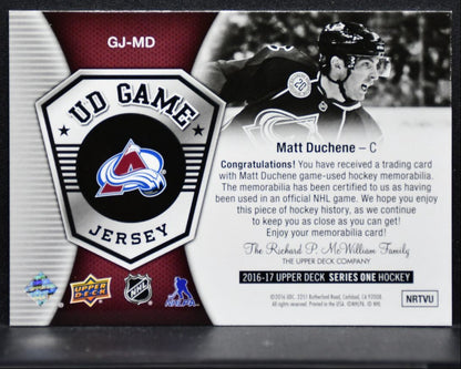 2016-17 Upper Deck Series 1 UD Game Jerseys Matt Duchene Avalanche Jersey 4770