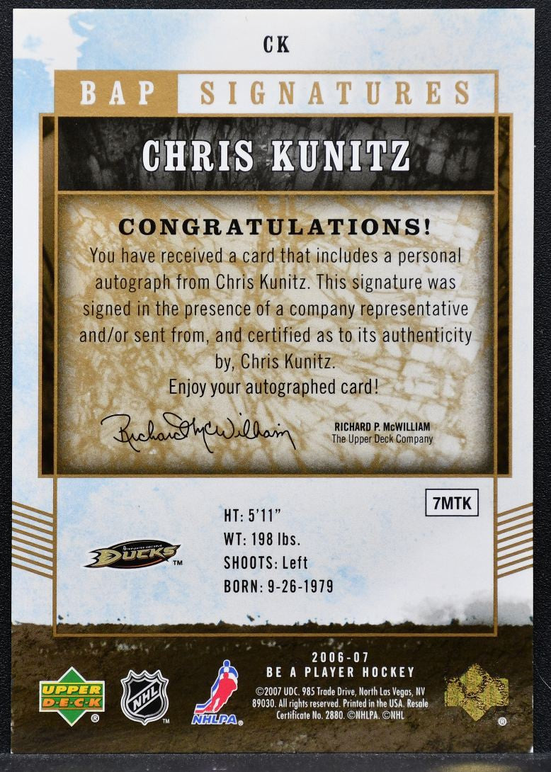2006-07 Be A Player Signatures Chris Kunitz CK Anaheim Ducks Auto 1344