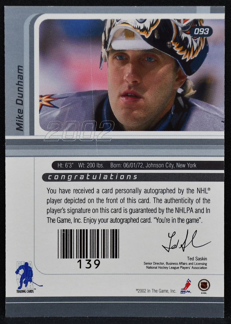 2001-02 Be a Player Signature Series Auto Mike Dunham 093 Predators Auto 5767