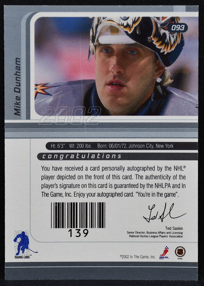 2001-02 Be a Player Signature Series Auto Mike Dunham 093 Predators Auto 5767