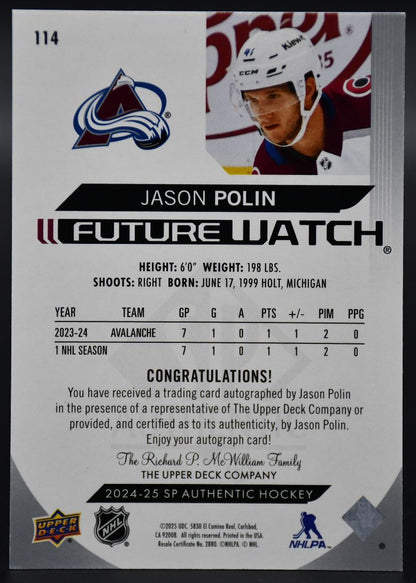 2024-25 SP Authentic Jason Polin 114 Colorado Avalanche RC Auto 348/599