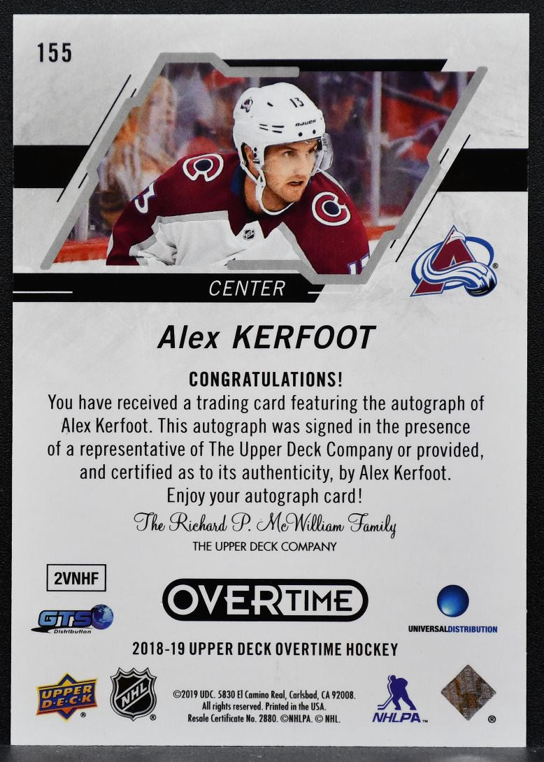 2018-19 UD Overtime Gold Foil Autographs Alex Kerfoot Avalanche Auto 8788