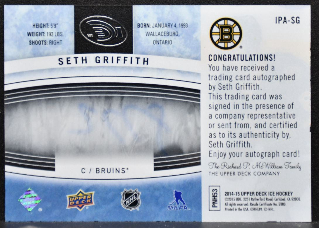 2014-15 Upper Deck Ice Premieres Auto Seth Griffith Boston Bruins Auto 4903