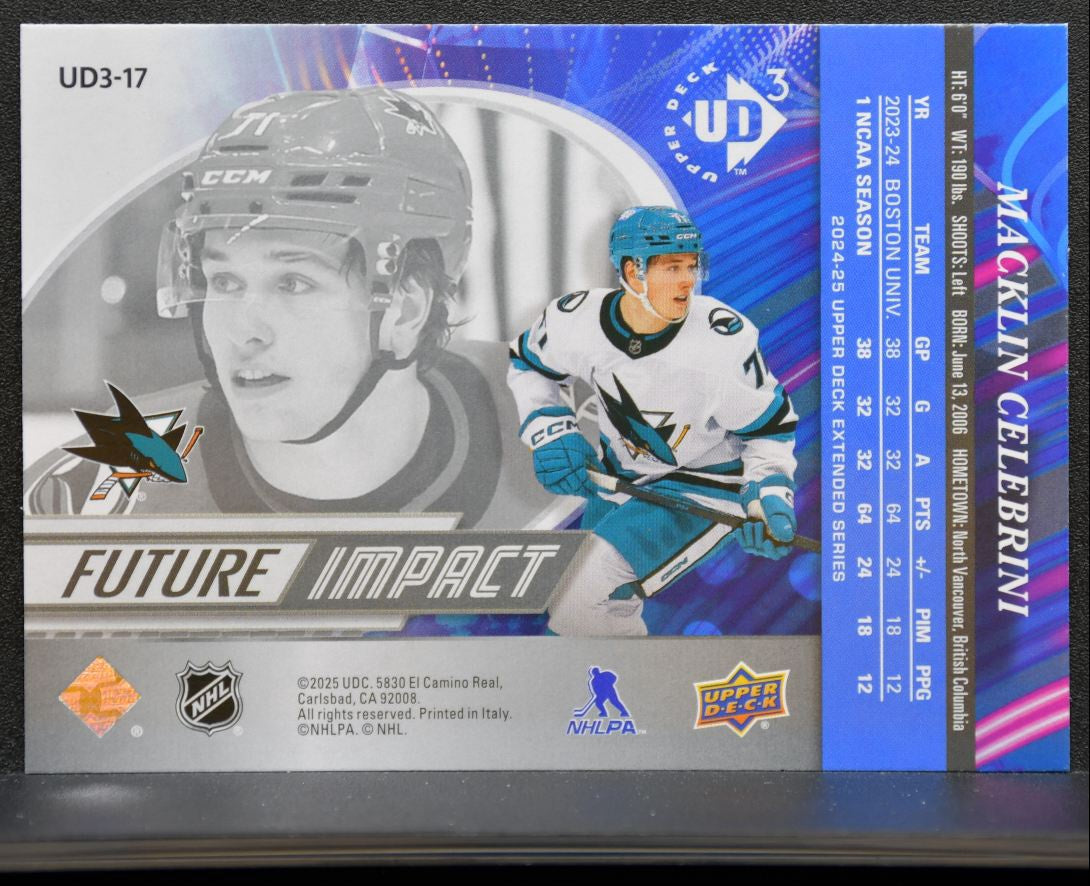 2024-25 UD Extended Series UD3 Future Impact Macklin Celebrini Sharks RC 1655