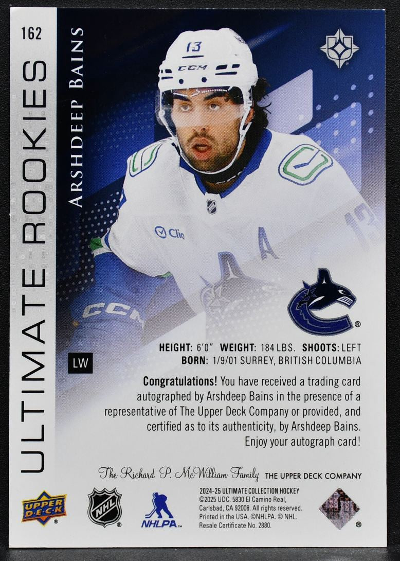 2024-25 UD Ultimate Collection Rookies Arshdeep Bains 162 RC Auto 184/299
