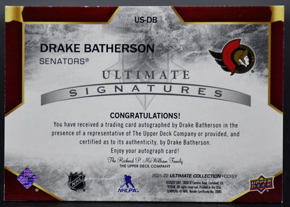 2021-22 UD Ultimate Collection Drake Batherson US-DB Ottawa Senators Auto 01/10