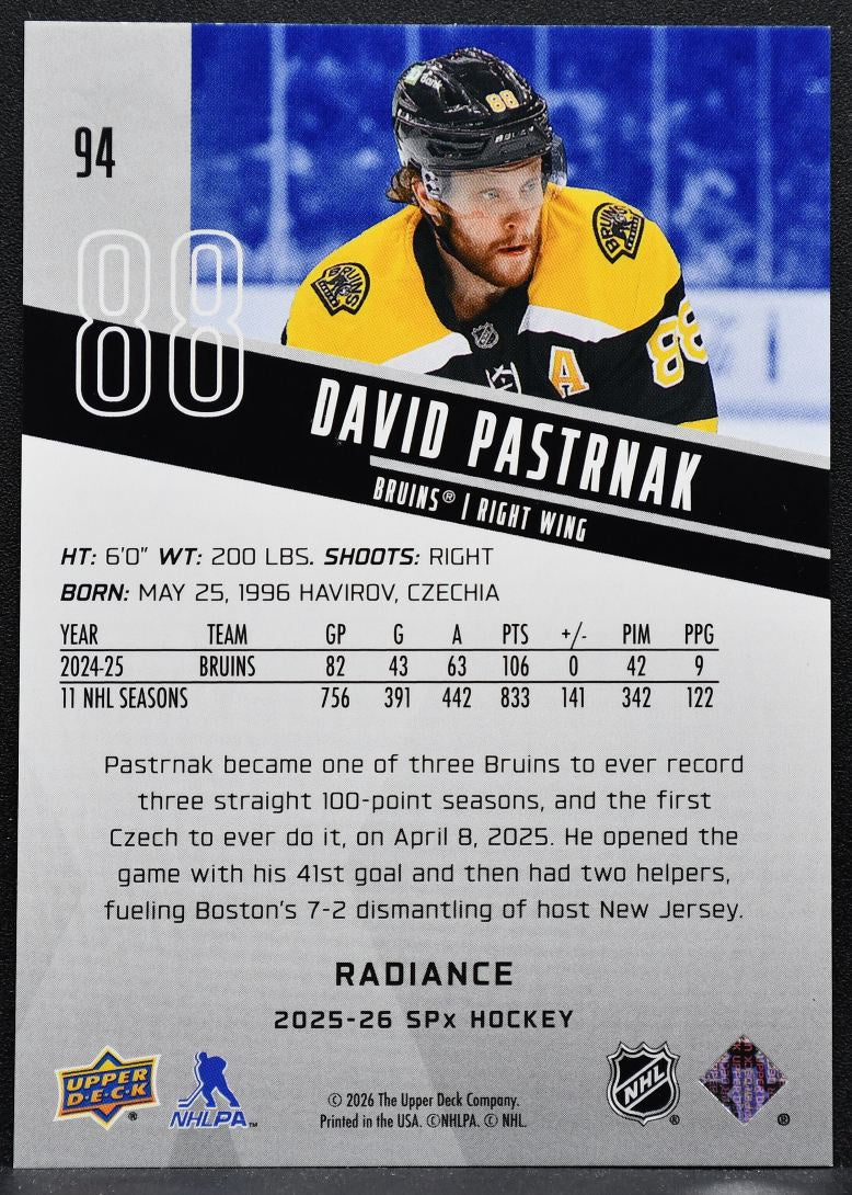 2025-26 SPx Radiance David Pastrnak 94 Boston Bruins 040/100 6590