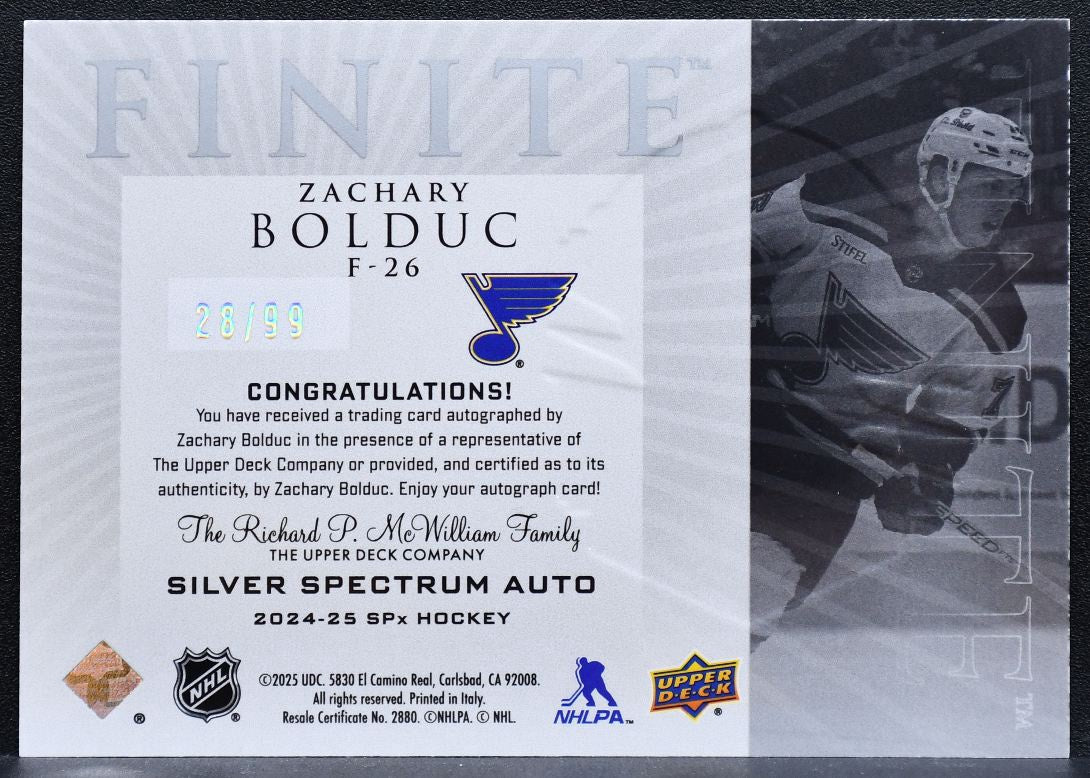 2024-25 SPx Finite Rookie Silver Spectrum Auto Zachary Bolduc Blues RC Auto 7835