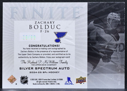2024-25 SPx Finite Rookie Silver Spectrum Auto Zachary Bolduc Blues RC Auto 7835