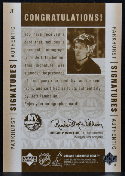 2005-06 Parkhurst Signatures Authentic Jeff Tambellini JT Auto 9637