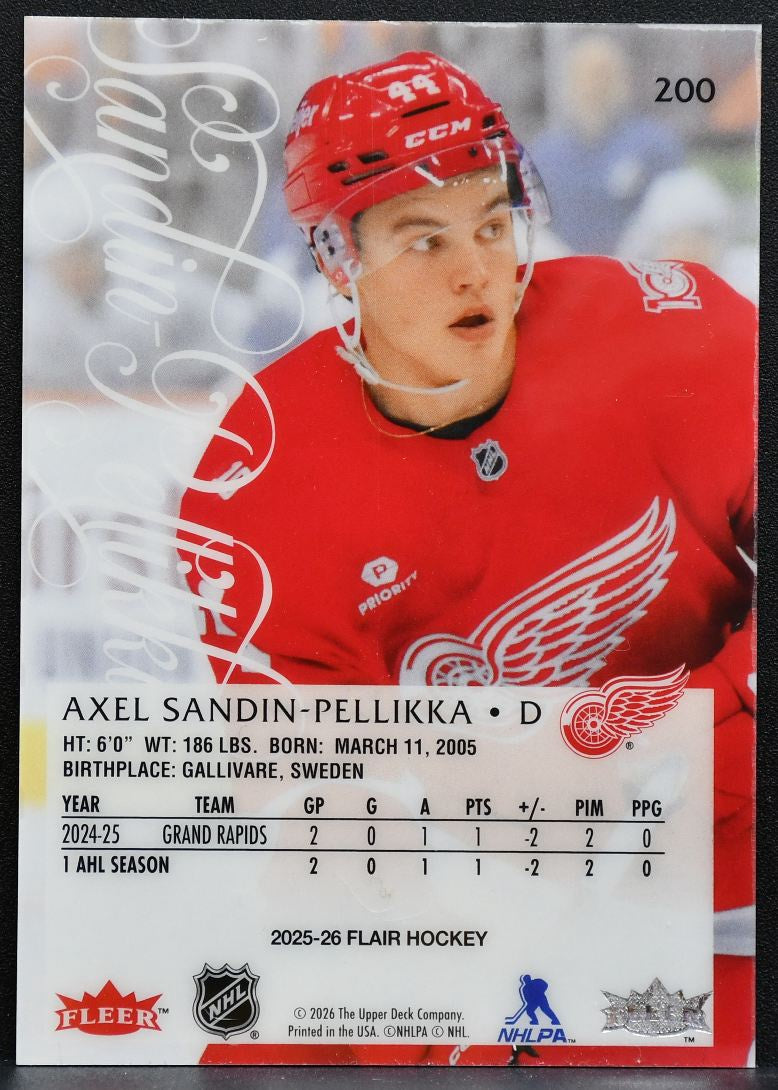 2025-26 Flair Rookie Axel Sandin-Pellikka 200 Detroit Red Wings RC 0672