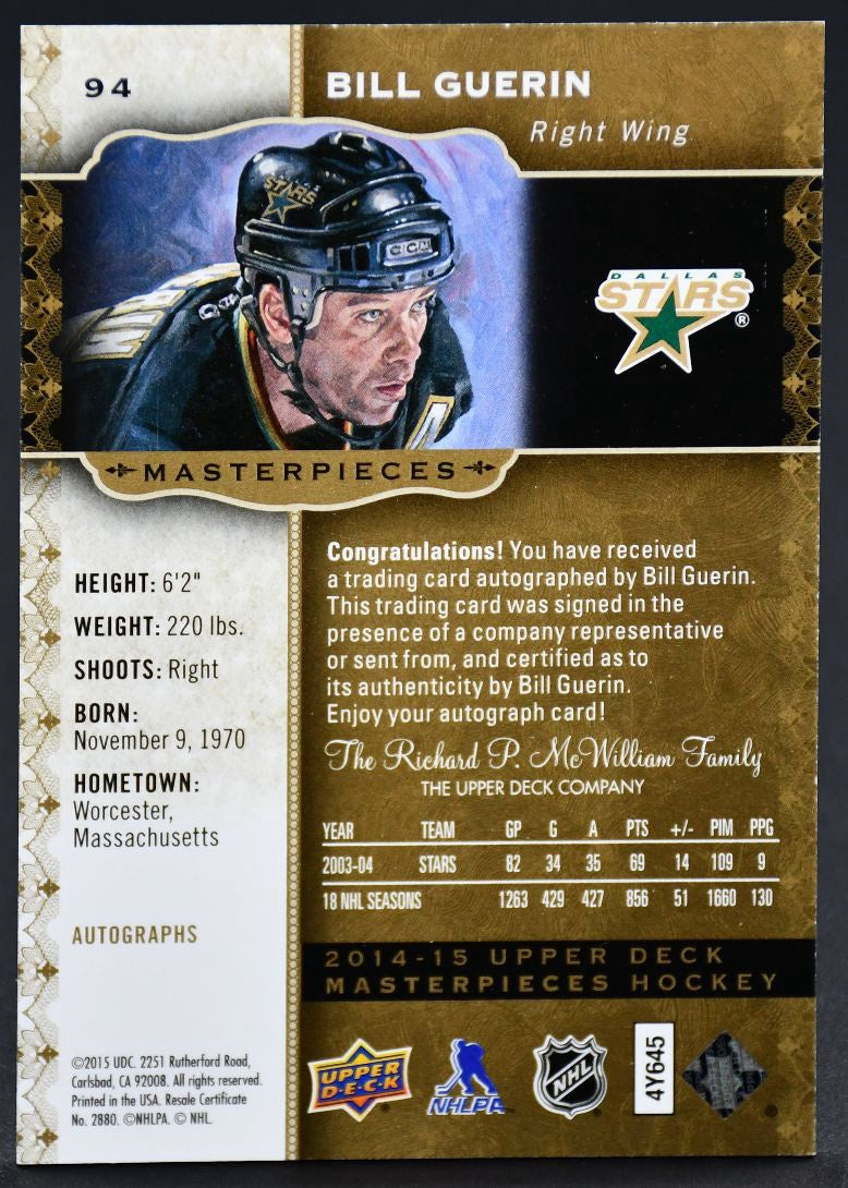 2014-15 UD Masterpieces Masterpieces Signature Bill Guerin 94 Auto