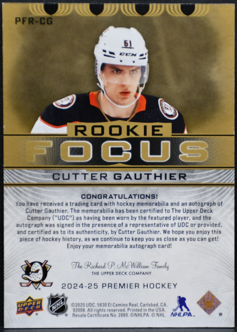 2024-25 UD Premier Rookie Focus Auto Gold Gauthier Ducks RC Auto /25 Patch 4106