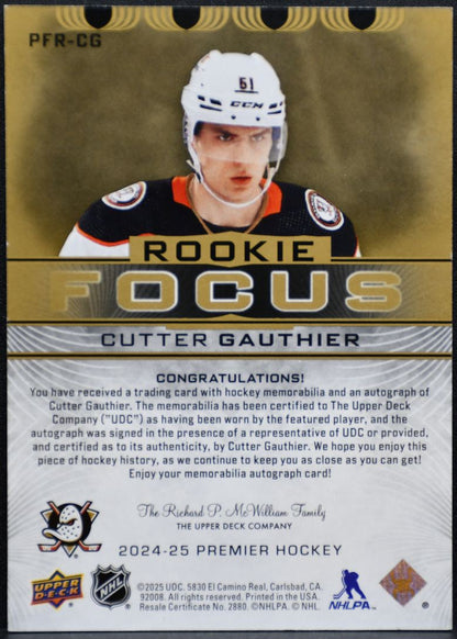 2024-25 UD Premier Rookie Focus Auto Gold Gauthier Ducks RC Auto /25 Patch 4106