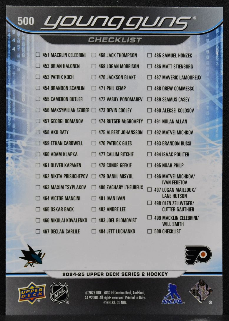 2024-25 UD Series 2 Young Guns Checklist Celebrini / Michkov RC 7725