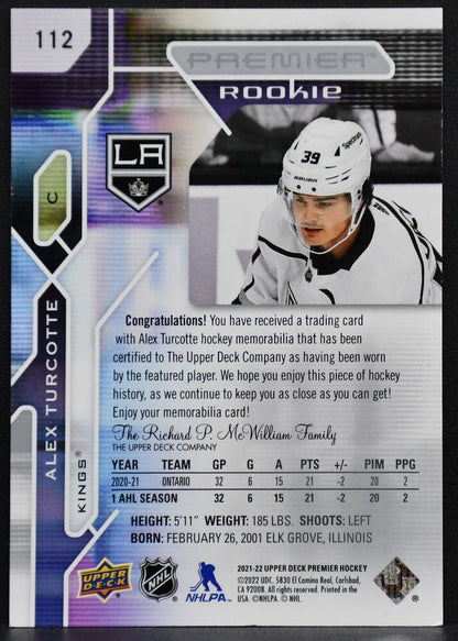 2021-22 Upper Deck Premier Jersey Alex Turcotte 112 Los Angeles Kings RC Jersey 6461