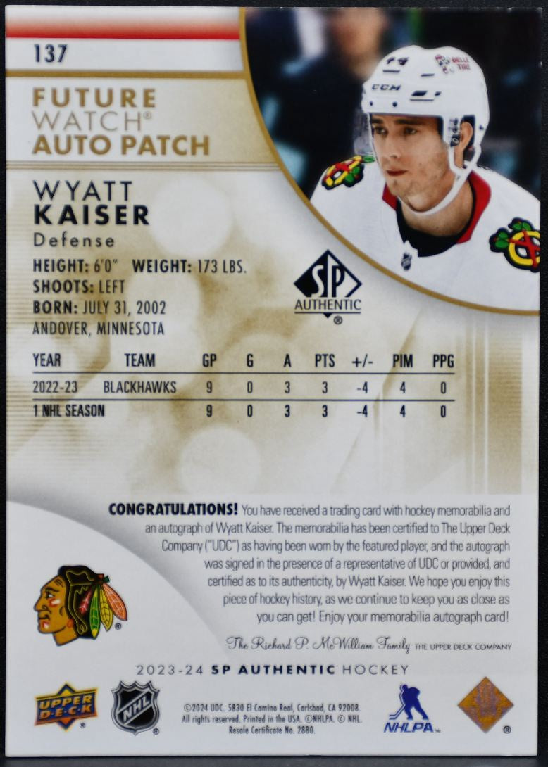 2023-24 SP Auth Future Watch Horiz Kaiser Blackhawks RC Auto /100 Patch 4540