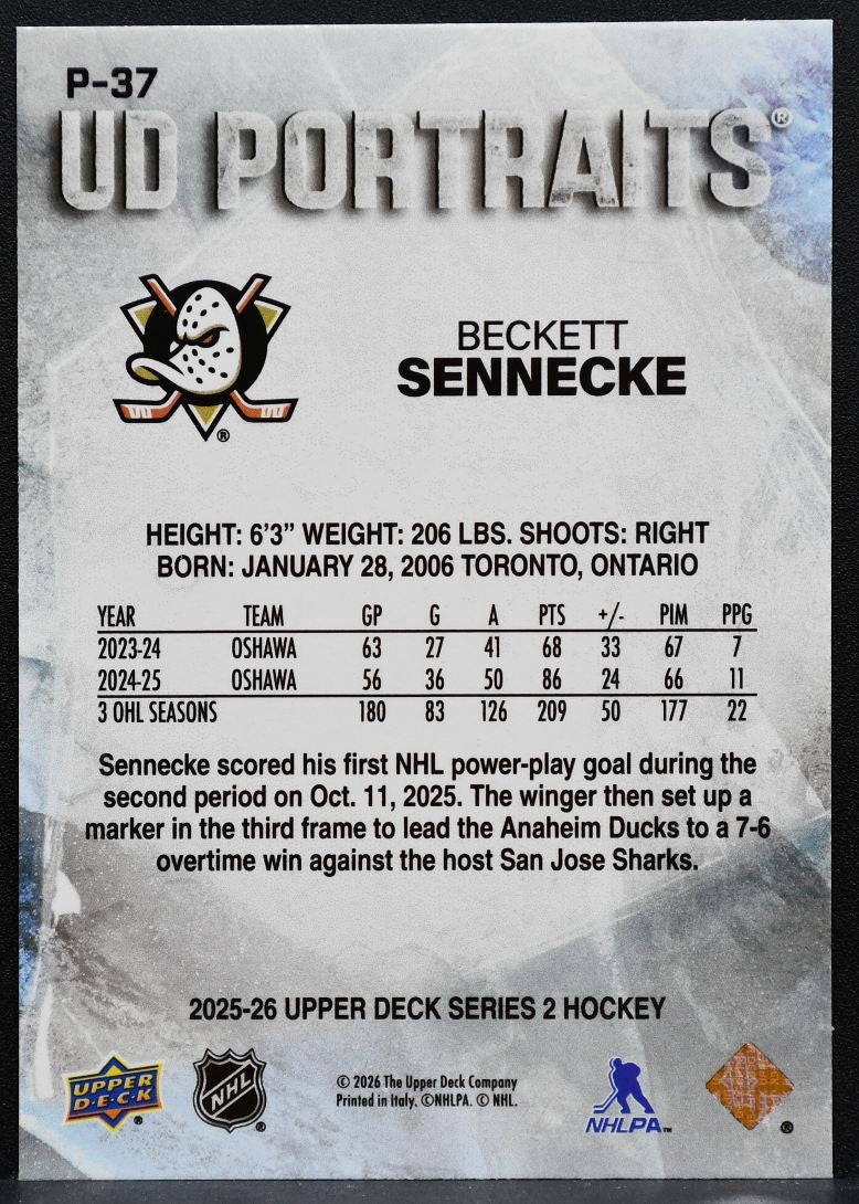 2025-26 Upper Deck Series 2 UD Portraits Beckett Sennecke P-37 Ducks RC 1976