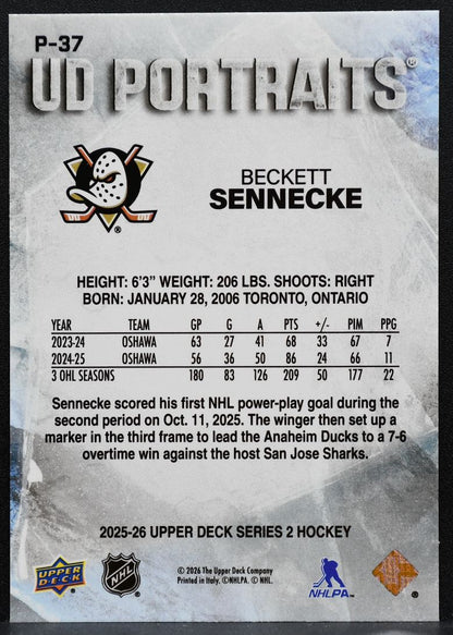 2025-26 Upper Deck Series 2 UD Portraits Beckett Sennecke P-37 Ducks RC 1976