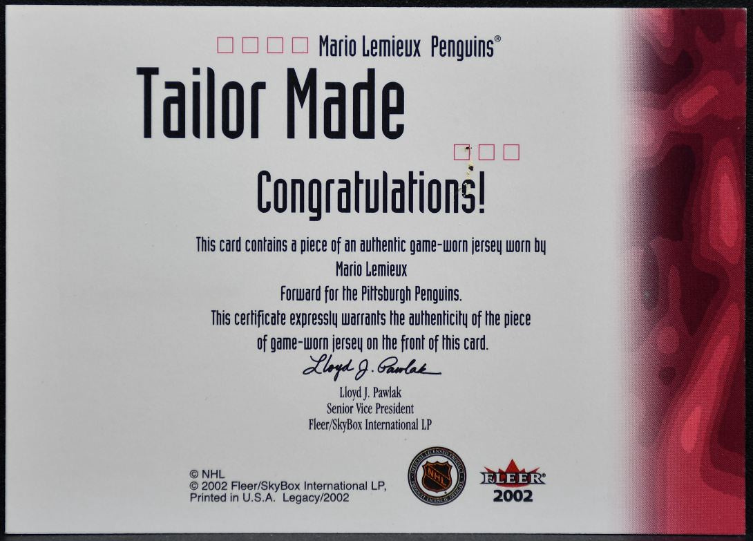 2001-02 Fleer Legacy Tailor Made Jersey Mario Lemieux Penguins Jersey 9478