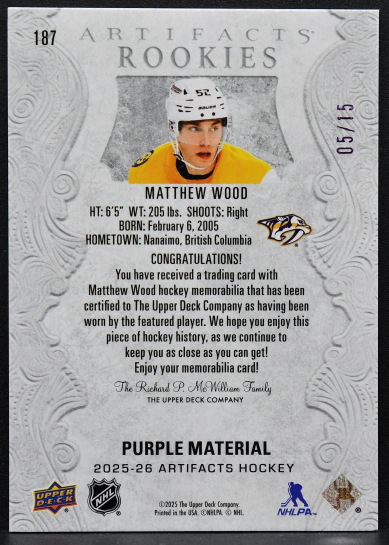 25-26 UD Artifacts RC Purple Material Wood Nashville Predators RC /15 Patch 7925