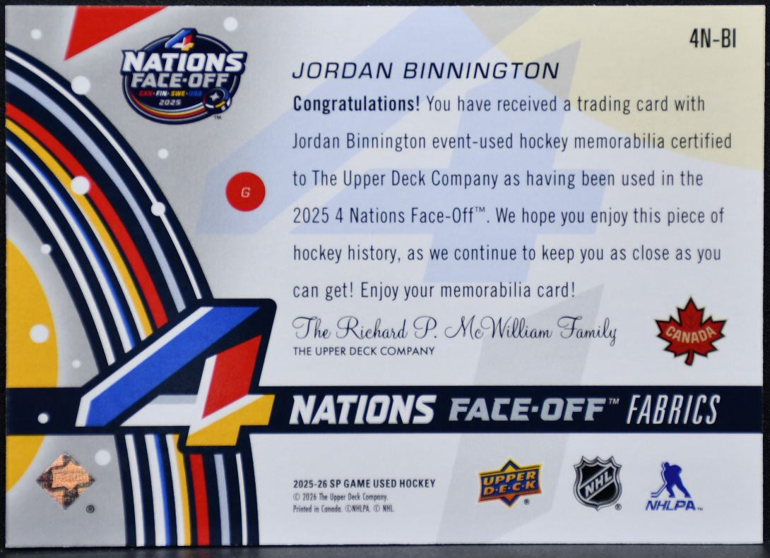 2025-26 SP Game Used 4 Nations Face Off Fabrics Binnington Canada Jersey 5691