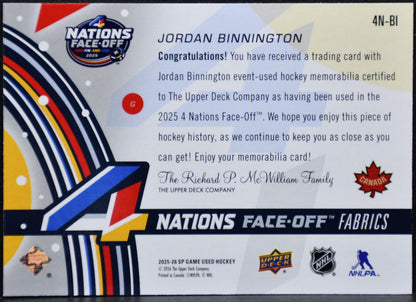2025-26 SP Game Used 4 Nations Face Off Fabrics Binnington Canada Jersey 5691