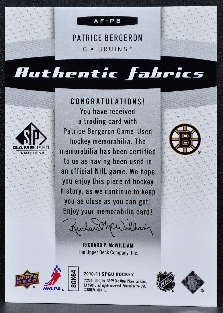 2010-11 SP Game Used Authentic Fabrics Patrice Bergeron AF-PB Bruins Jersey 8320