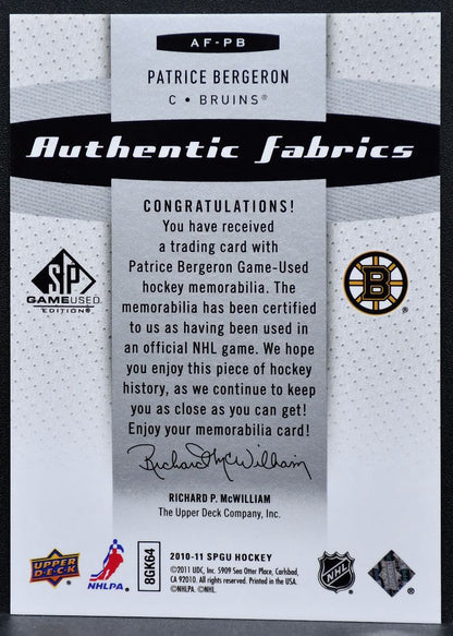 2010-11 SP Game Used Authentic Fabrics Patrice Bergeron AF-PB Bruins Jersey 8320