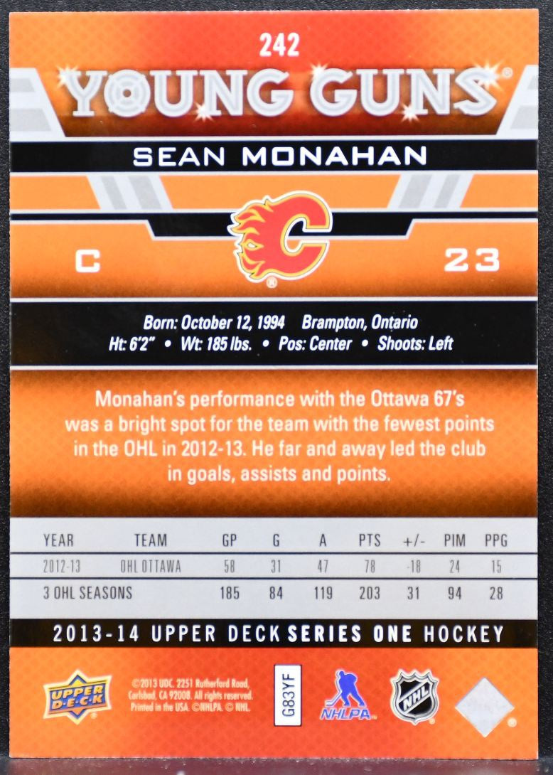 2013-14 Upper Deck Series 1 Young Guns Sean Monahan 242 Calgary Flames RC 8369