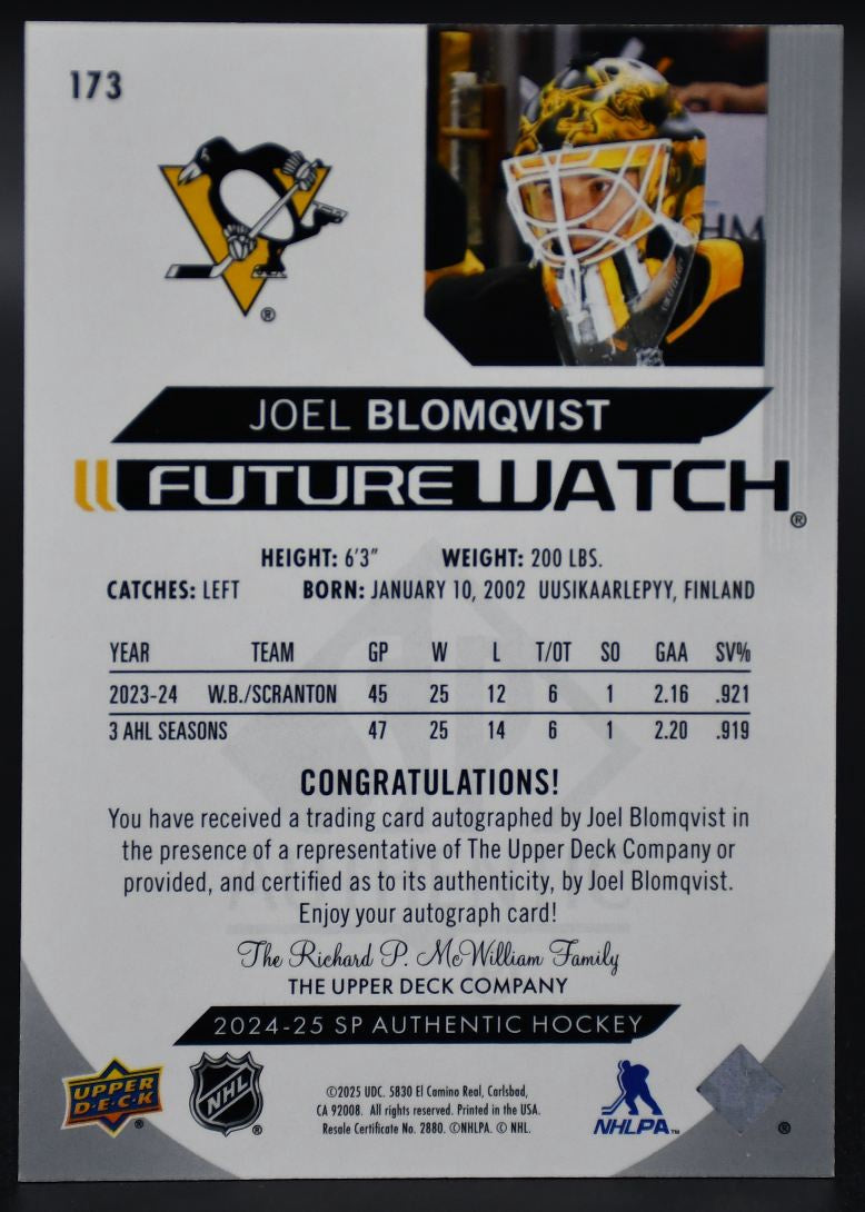 2024-25 SP Authentic Joel Blomqvist 173 Pittsburgh Penguins RC Auto 356/999