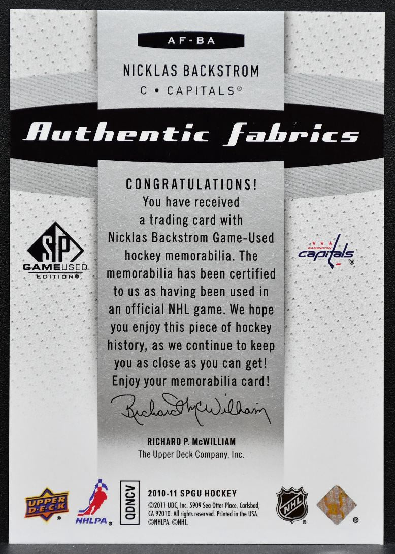 2010-11 SP Game Used Authentic Fabrics Nicklas Backstrom Capitals Jersey 2905