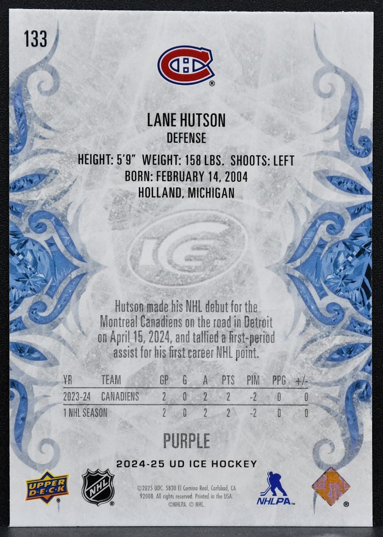 2024-25 Upper Deck ICE Rookie Purple Lane Hutson 133 Montreal Canadiens RC 9355