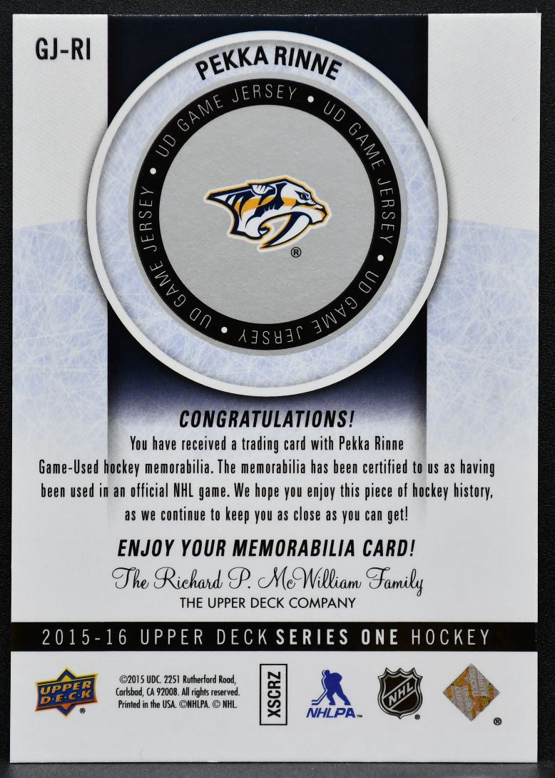 2015-16 UD Series 1 UD Game Jerseys Pekka Rinne GJ-RI Predators Jersey 2530