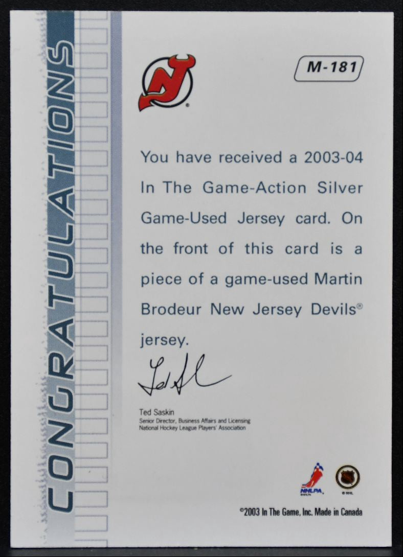 2003-04 In The Game Action Jerseys Martin Brodeur New Jersey Devils Jersey 5227