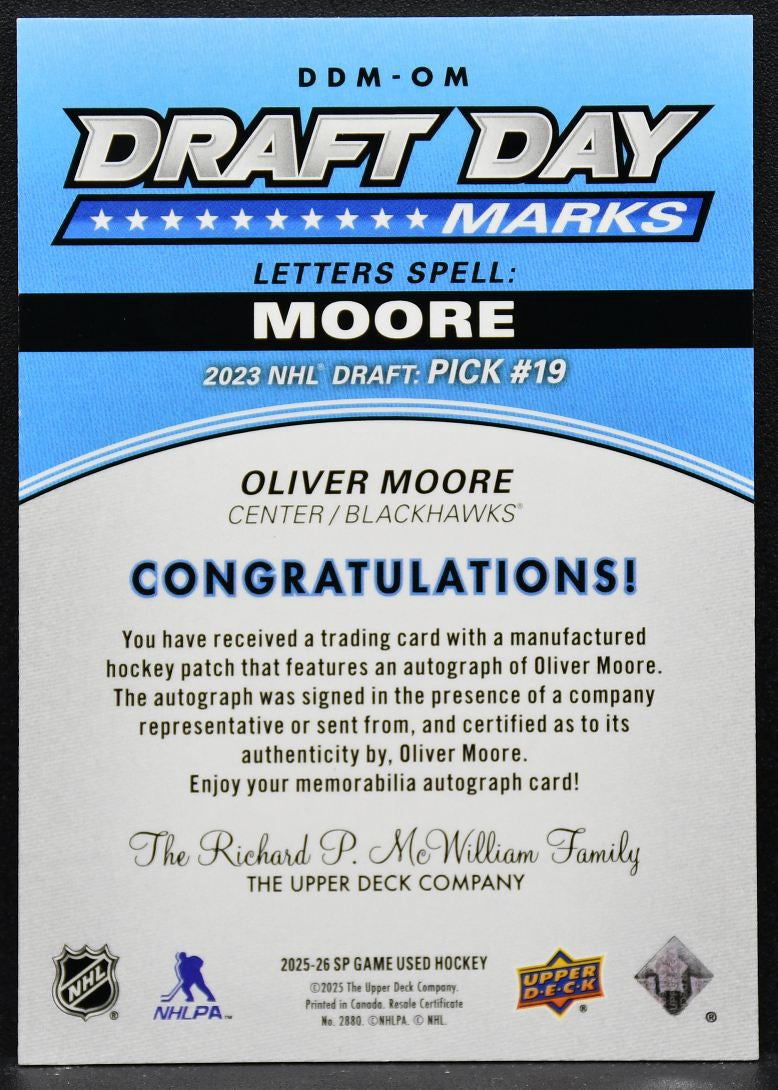 2025-26 SP Game Used Draft Day Marks Oliver Moore 133 RC Auto 05/35 Patch 2590