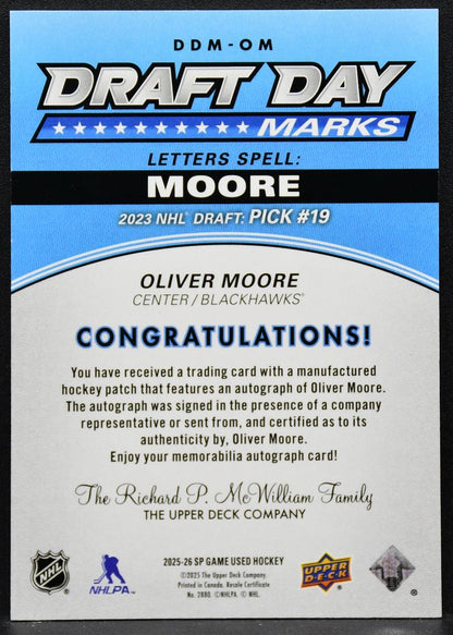 2025-26 SP Game Used Draft Day Marks Oliver Moore 133 RC Auto 05/35 Patch 2590