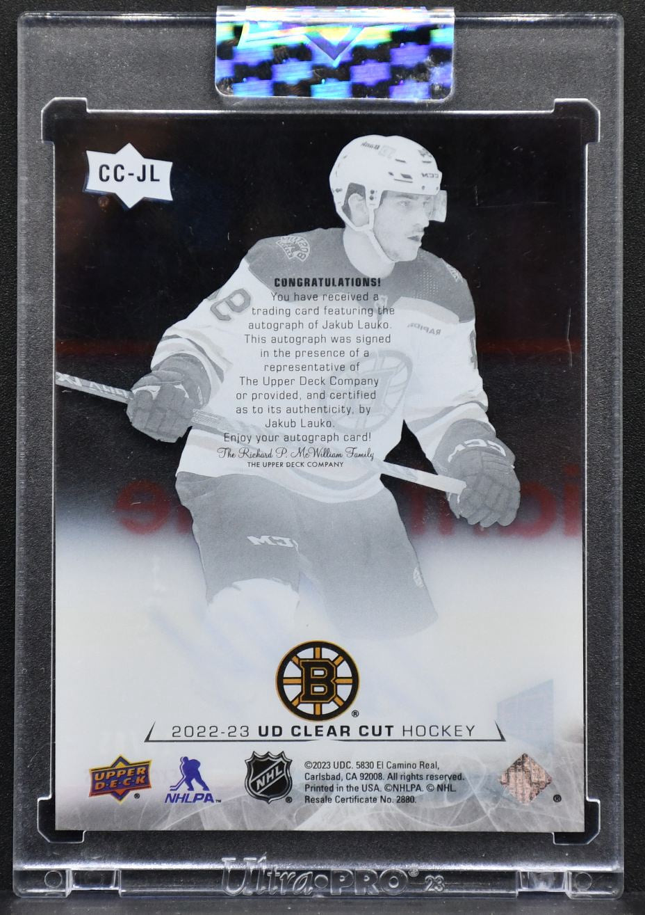 2022-23 UD Clear Cut Base Exclusives Jakub Lauko CC-JL Boston Bruins Auto 15/65
