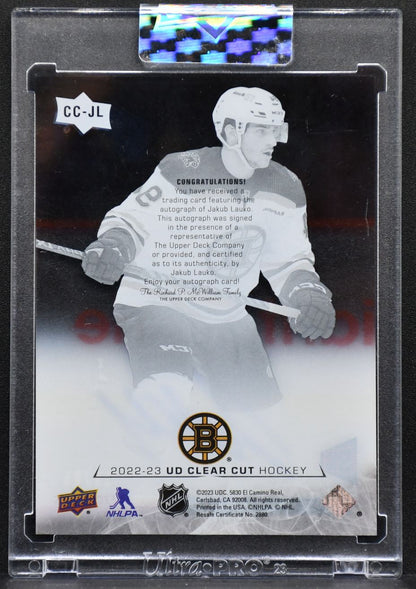2022-23 UD Clear Cut Base Exclusives Jakub Lauko CC-JL Boston Bruins Auto 15/65
